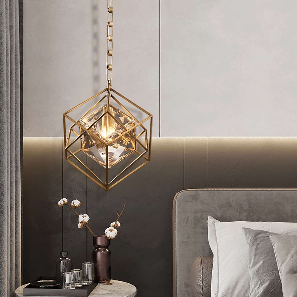 Modern Medium Cubist Brass Frame Crystal Chandelier - view 3