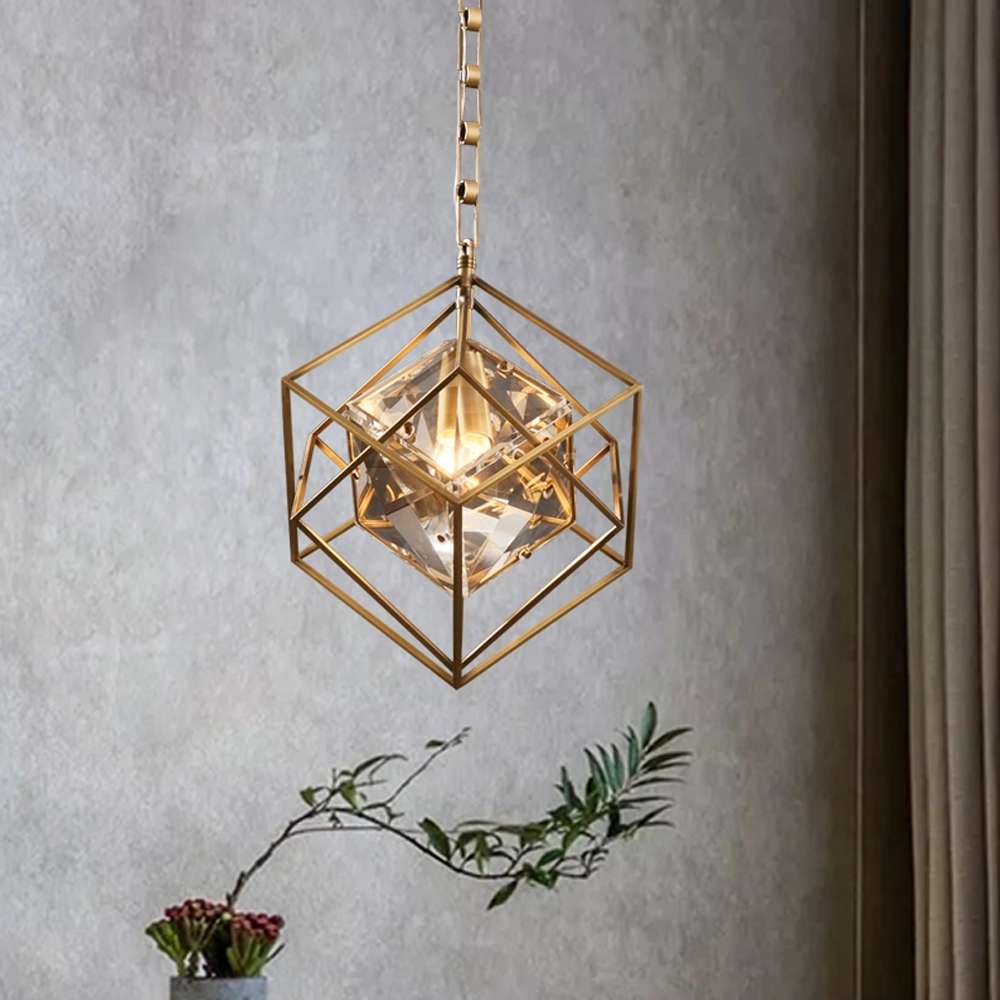 Modern Medium Cubist Brass Frame Crystal Chandelier - view 4