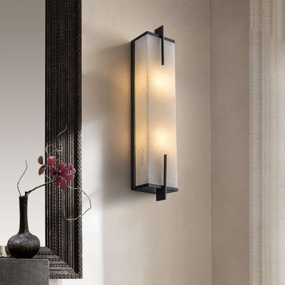 Blade Linear Marble Wall Light in Black with White Cloth Shade - view 3