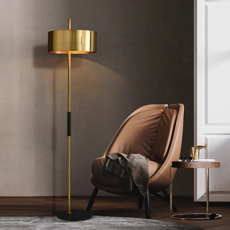 Mid Century Modern Floor Lamp with Metal Base in Gold - view 3