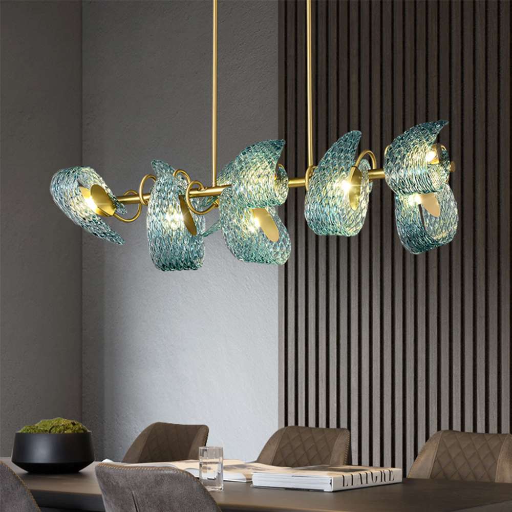 Post Modern Floral Blue Glass Shade Linear Chandelier - view 3