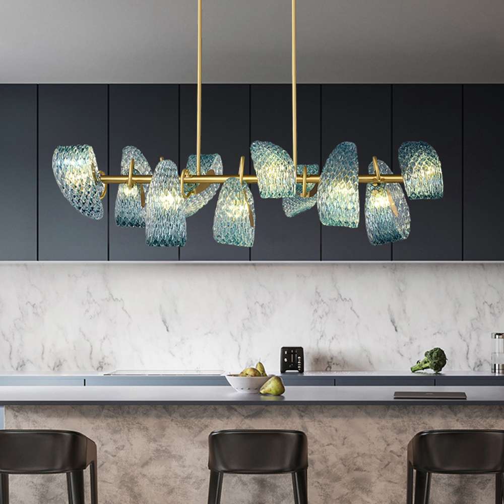 Post Modern Floral Blue Glass Shade Linear Chandelier - view 4