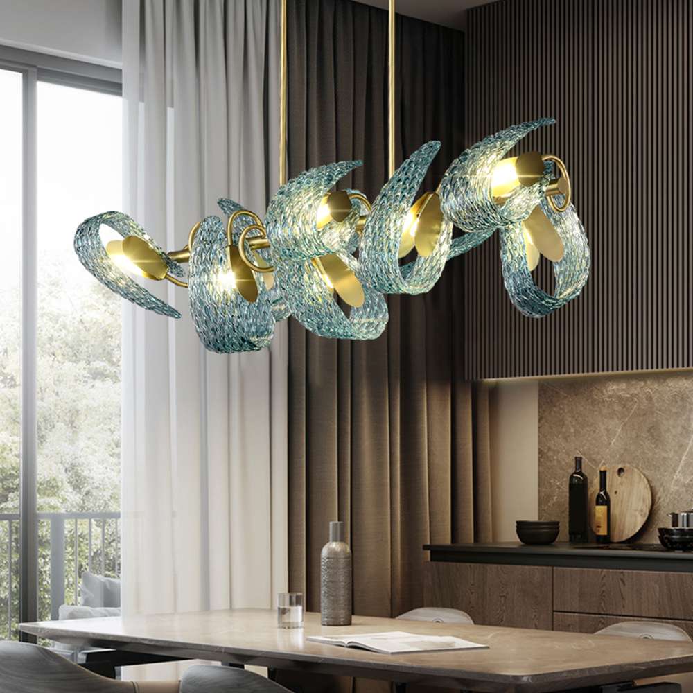 Post Modern Floral Blue Glass Shade Linear Chandelier - view 5