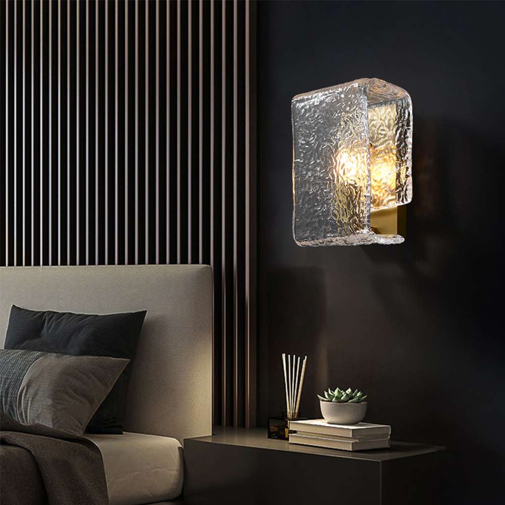 Modern Kalmar Square Clear Glass Wall Light with Brass Shade - view 3