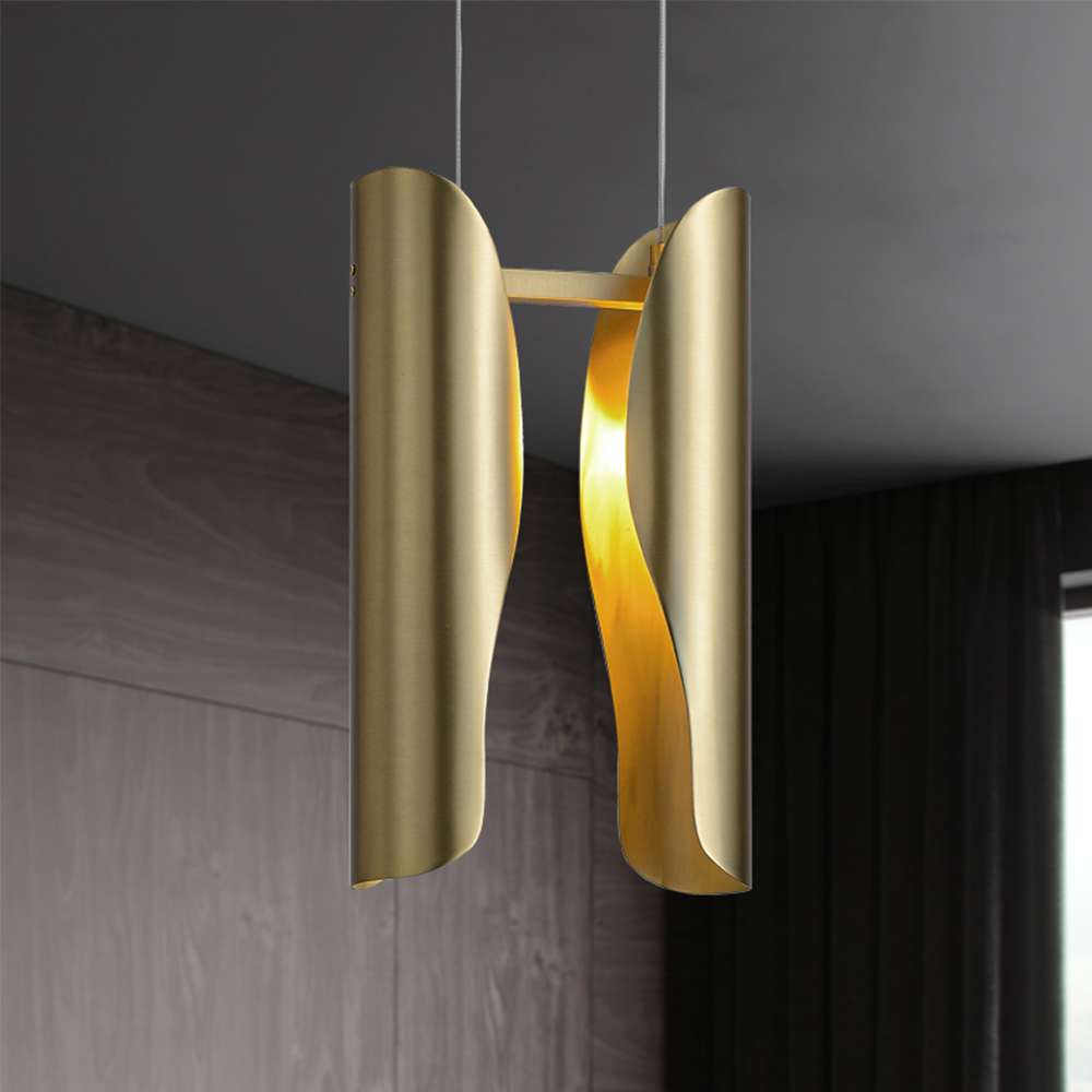 Modern Metallic Curl Hammered 2-Light Brass Pendant Lights - view 5