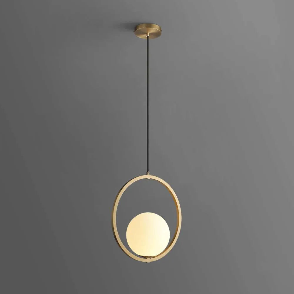 Modern Globe Ball Ring Glass Shade Hanging Lamp in Brass - view 1