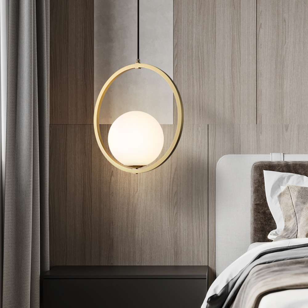 Modern Globe Ball Ring Glass Shade Hanging Lamp in Brass - view 3