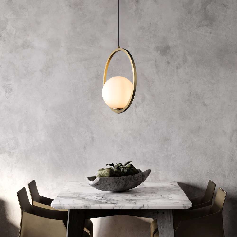 Modern Globe Ball Ring Glass Shade Hanging Lamp in Brass - view 4