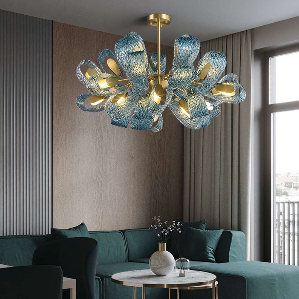 Modern Chandelier Lights with Blue Flower Cluster Glass Shade - view 3