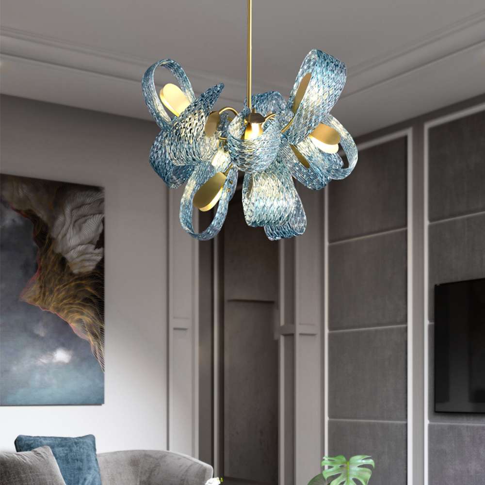 Modern Chandelier Lights with Blue Flower Cluster Glass Shade - view 4