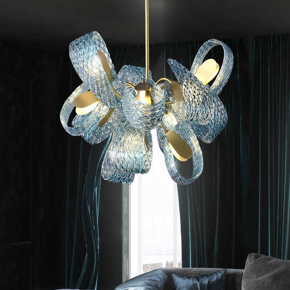 Modern Chandelier Lights with Blue Flower Cluster Glass Shade - view 5