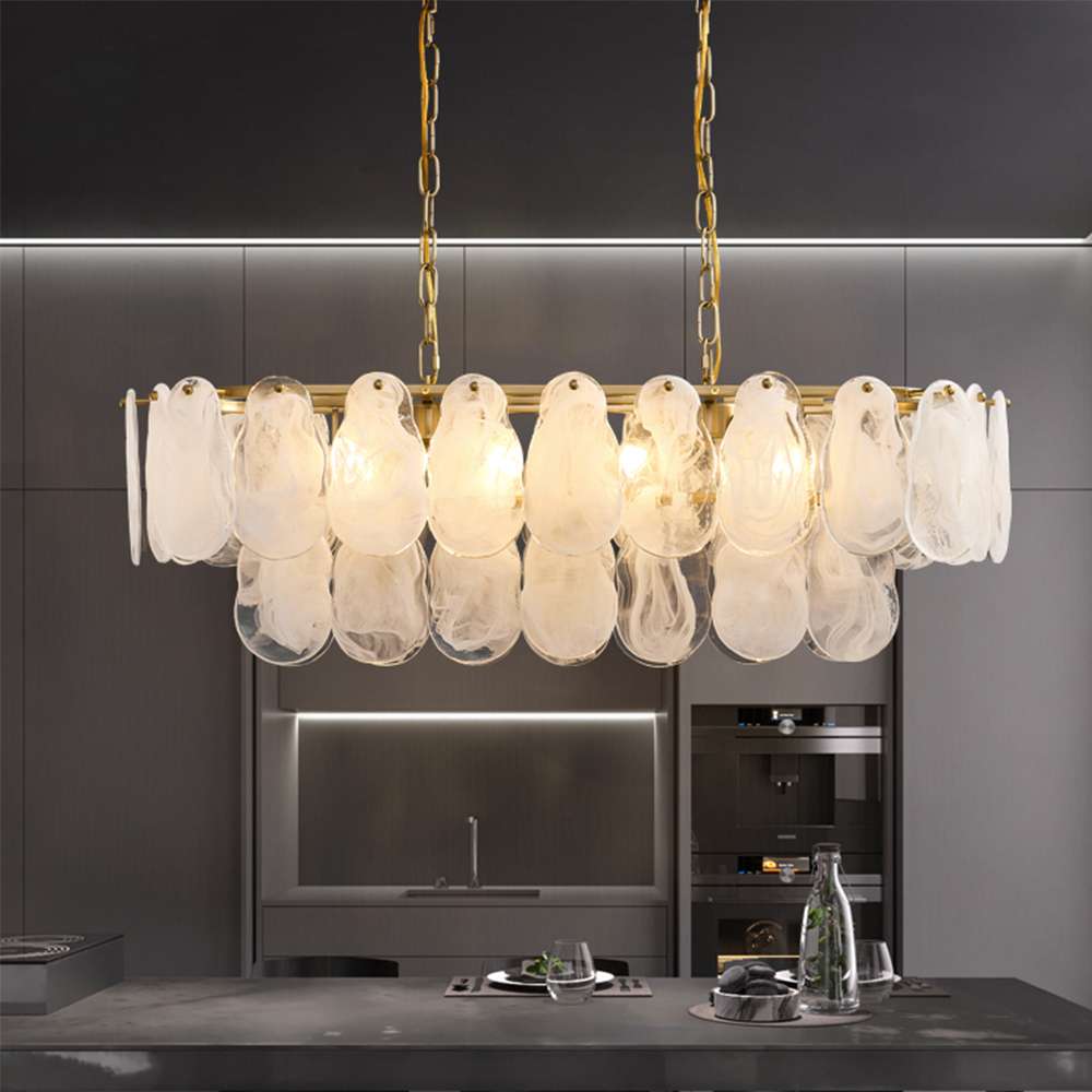 Tiered Glass Plates Brass Island Chandelier in White - view 4