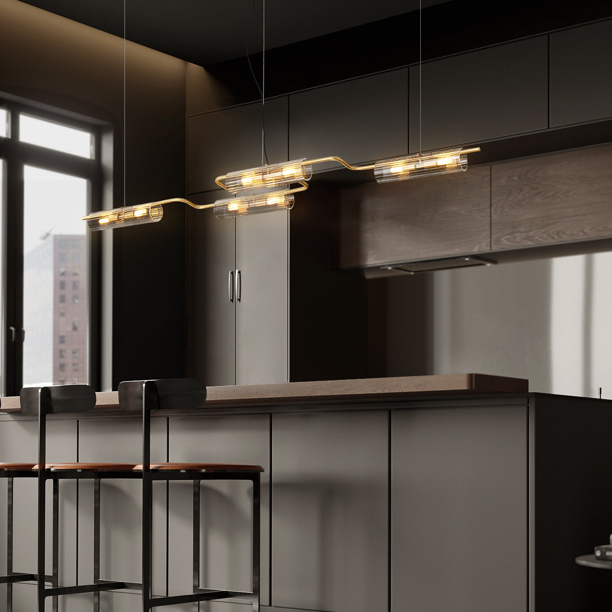 Ariel Aged Brass And Clear Glass Linear Chandelier - view 6