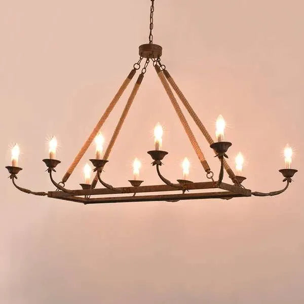 Rustic Candle Hemp Rope Rectangular Linear Chandelier - view 1