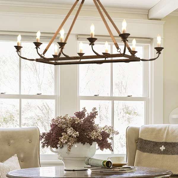 Rustic Candle Hemp Rope Rectangular Linear Chandelier - view 2