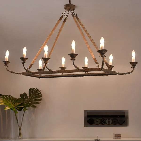 Rustic Candle Hemp Rope Rectangular Linear Chandelier - view 3