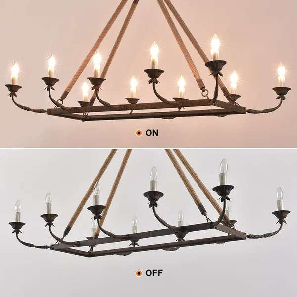 Rustic Candle Hemp Rope Rectangular Linear Chandelier - view 7