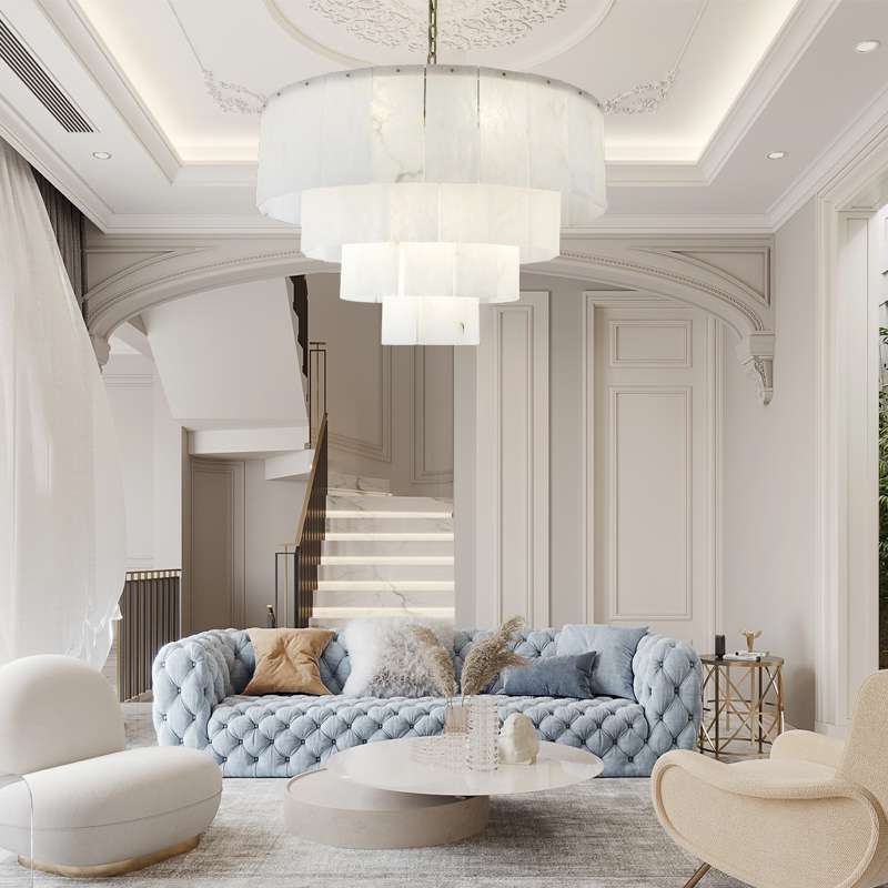 Modern Iron and Alabaster Chandelier for Living Room - view 4