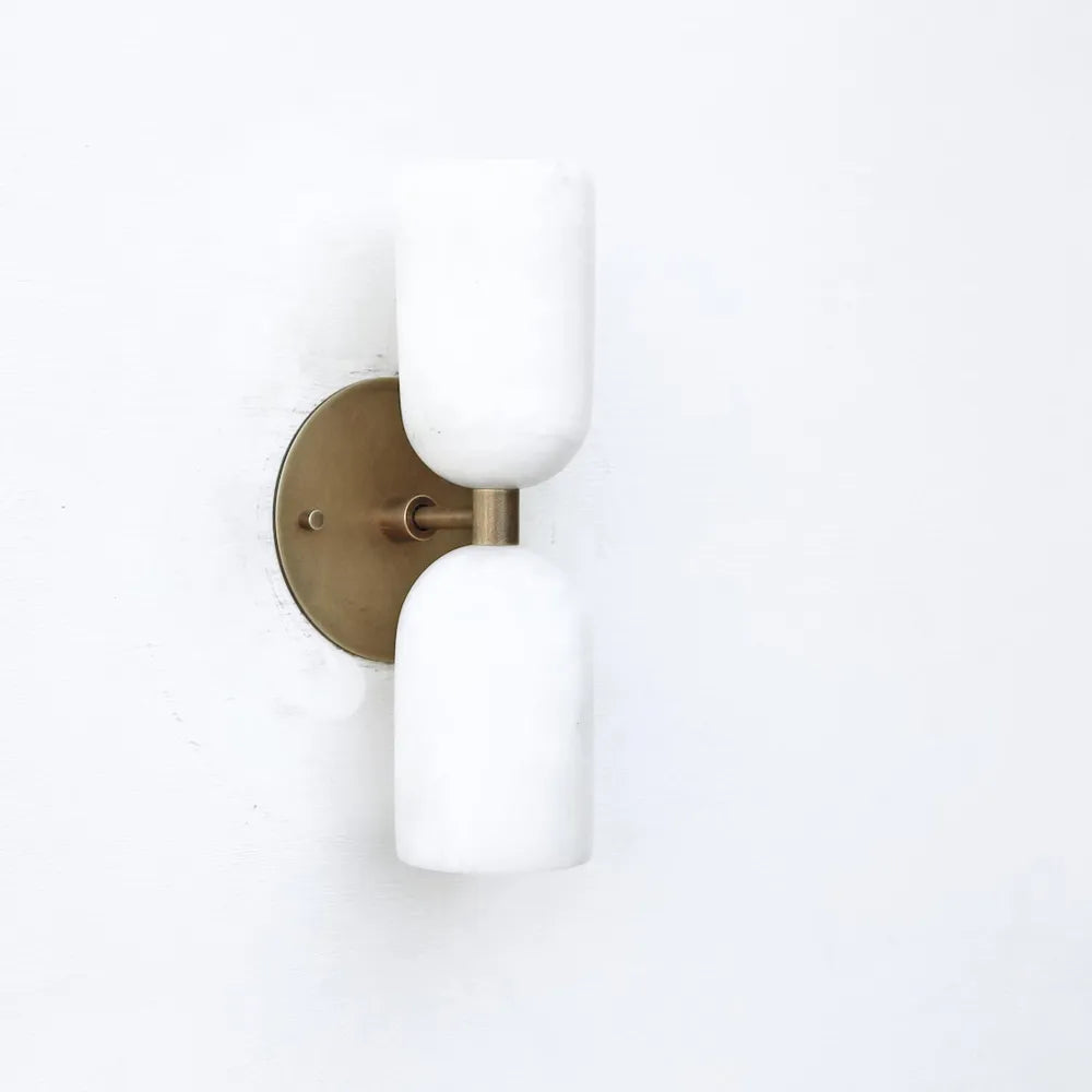 Elegant Vintage French Brass Wall Light with Double Alabaster Shades - view 1