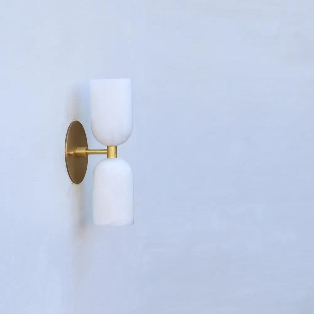 Elegant Vintage French Brass Wall Light with Double Alabaster Shades - view 4