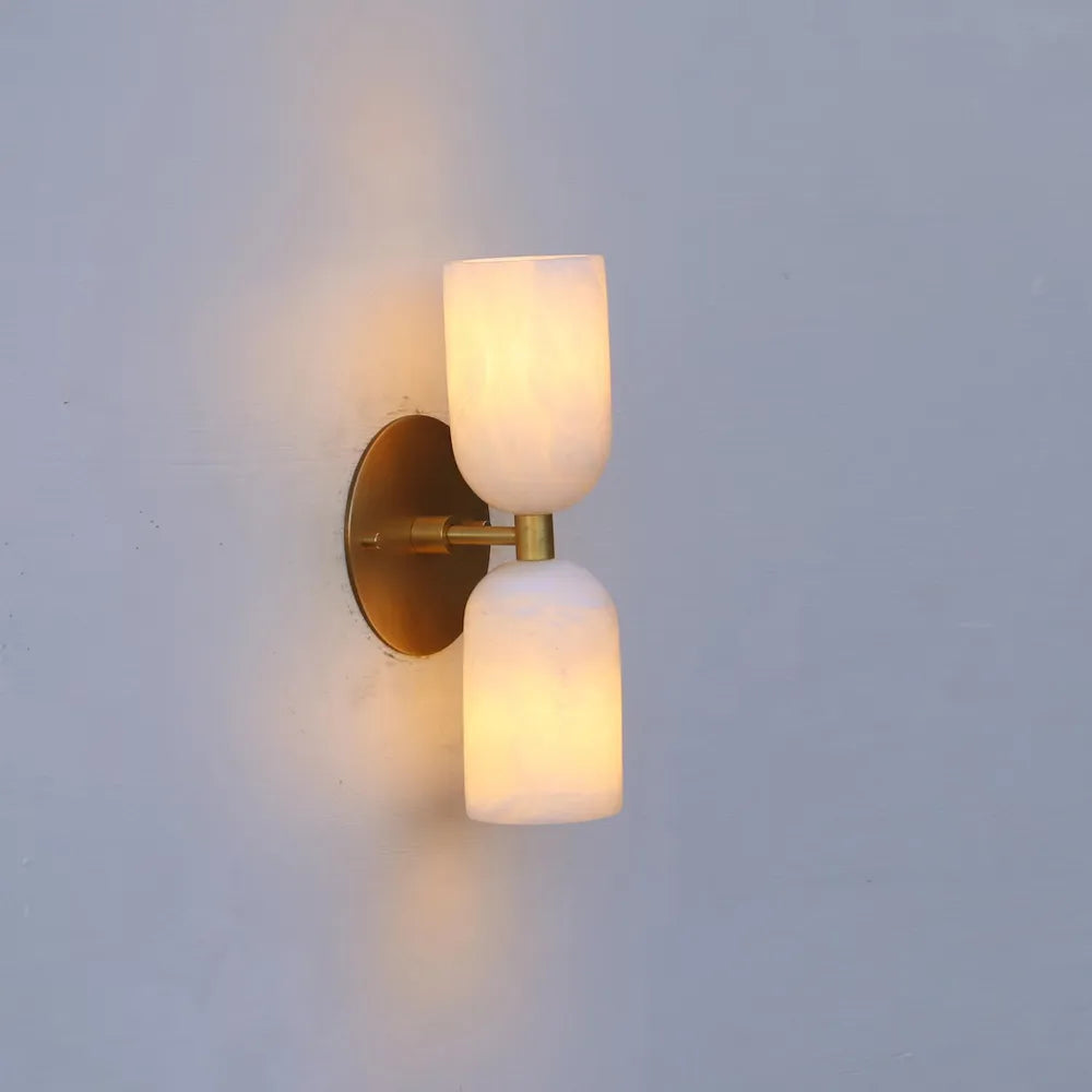 Elegant Vintage French Brass Wall Light with Double Alabaster Shades - view 5
