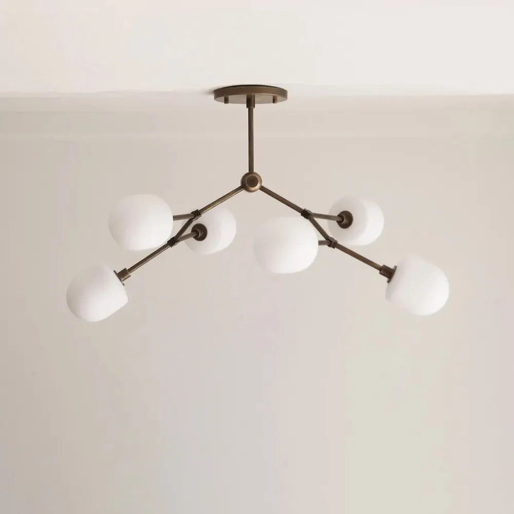 Medieval Brass Sputnik Chandelier with Minimalist Off-White Lampshades - view 1