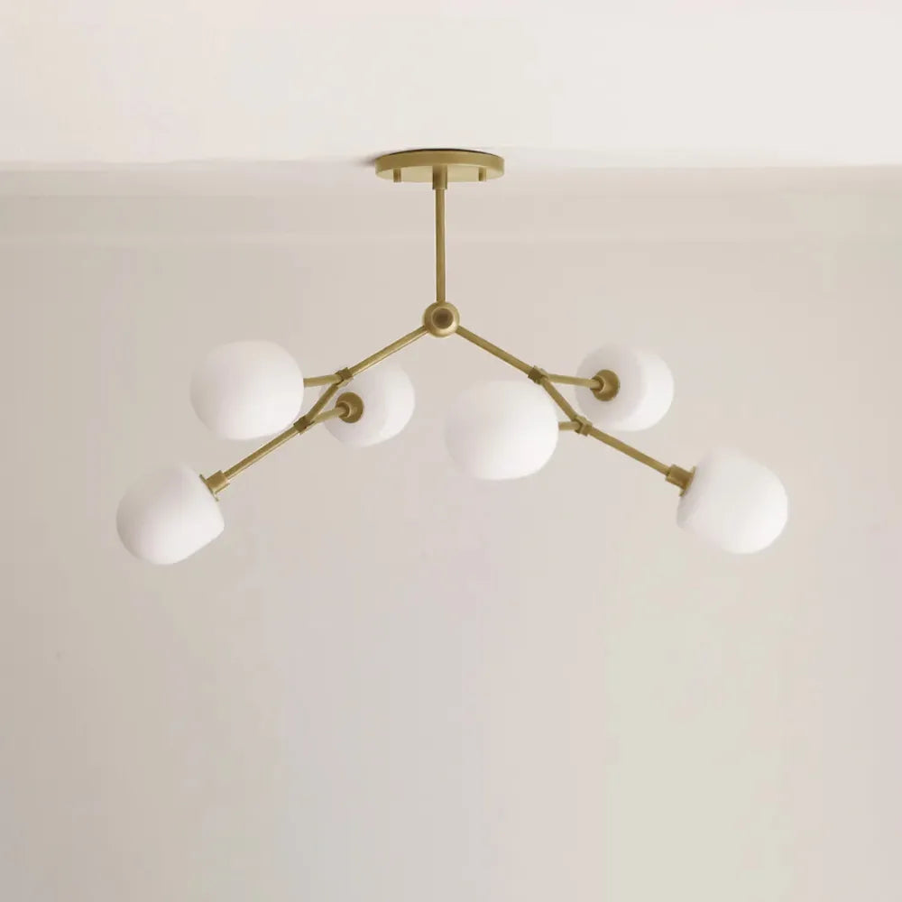 Medieval Brass Sputnik Chandelier with Minimalist Off-White Lampshades - view 7