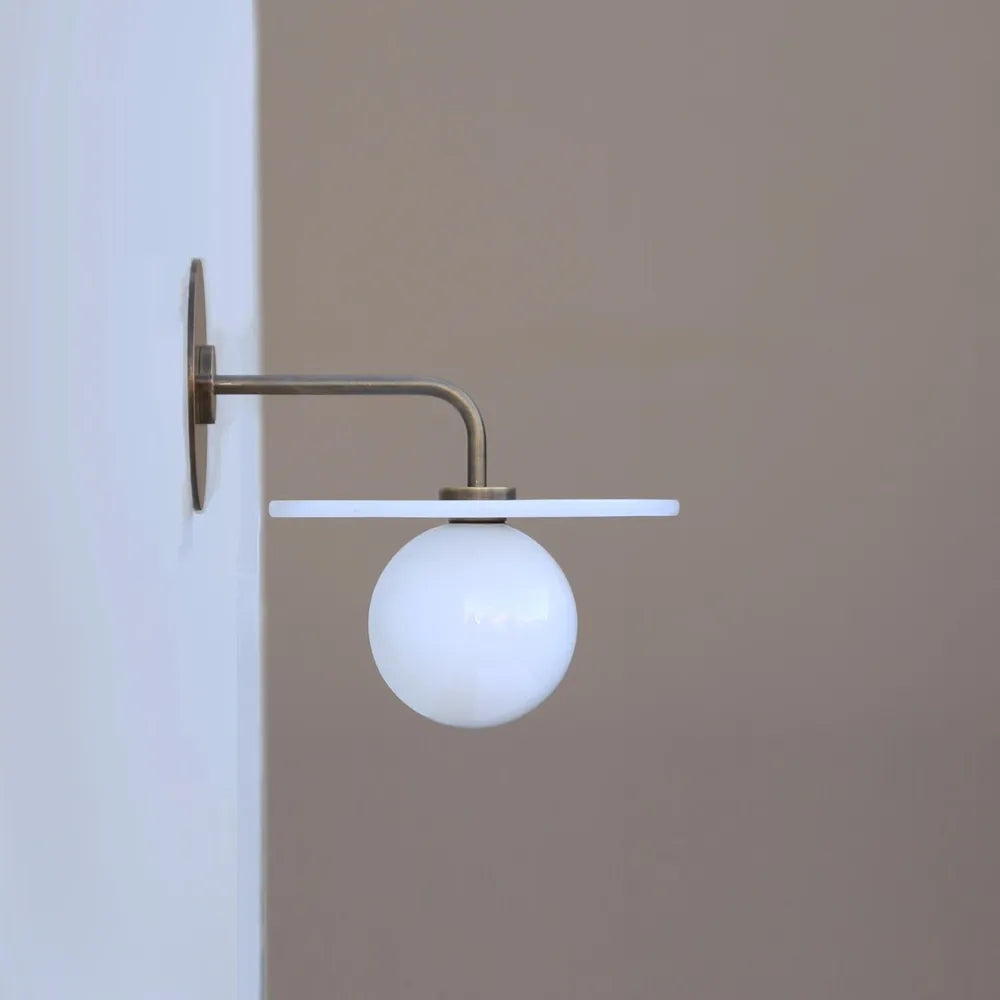 Mid-Century Brass Alabaster Wall Lamp with White Globe Shade - view 3