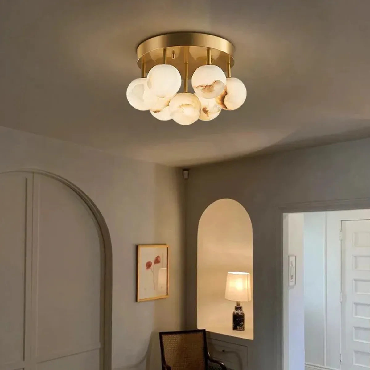 Alabaster Bubble Globe Flush Mount Ceiling Light in Brass - view 2