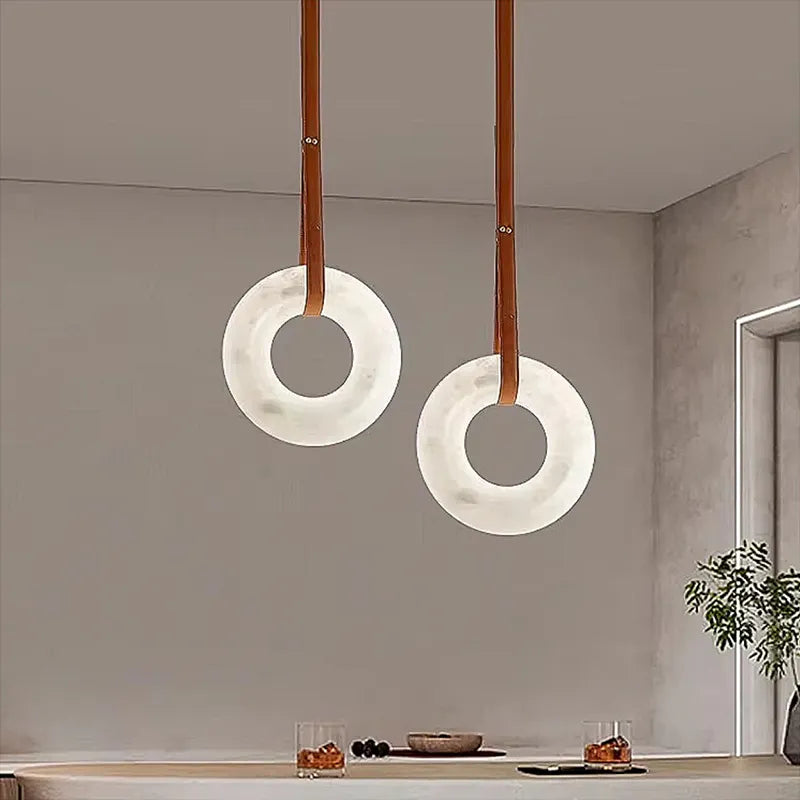 Oslo Ring Alabaster Pendant Lamp with Leather Straps - view 6