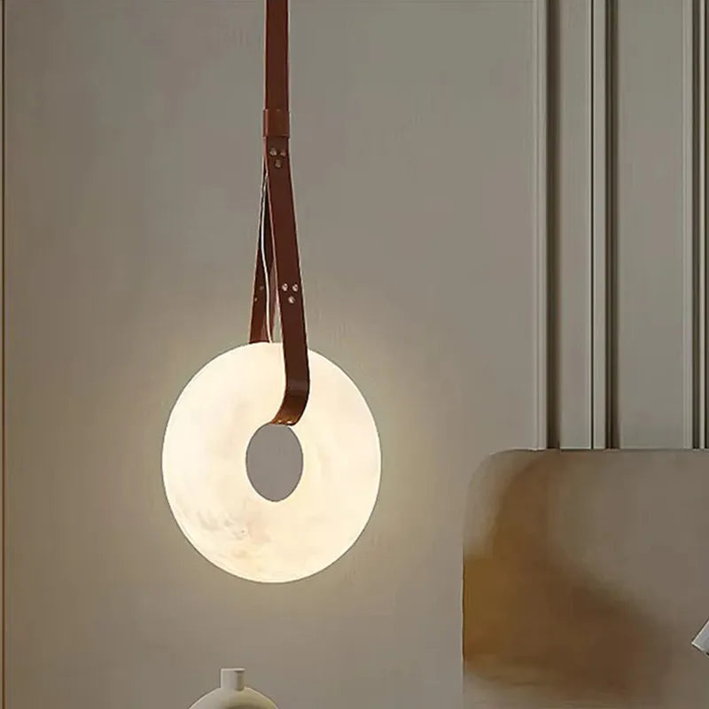 Oslo Ring Alabaster Pendant Lamp with Leather Straps - view 7