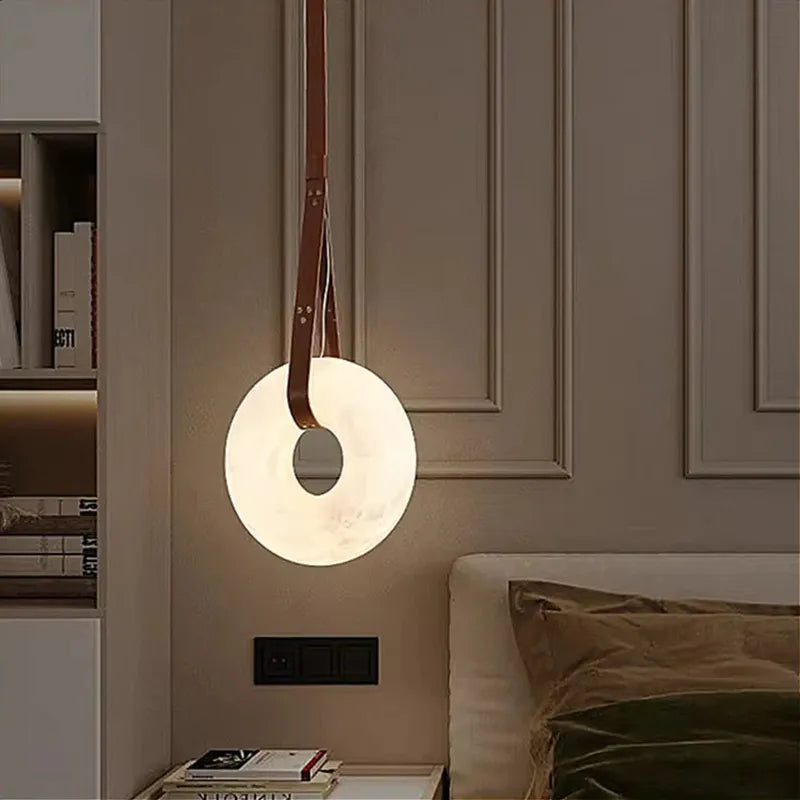 Oslo Ring Alabaster Pendant Lamp with Leather Straps - view 8
