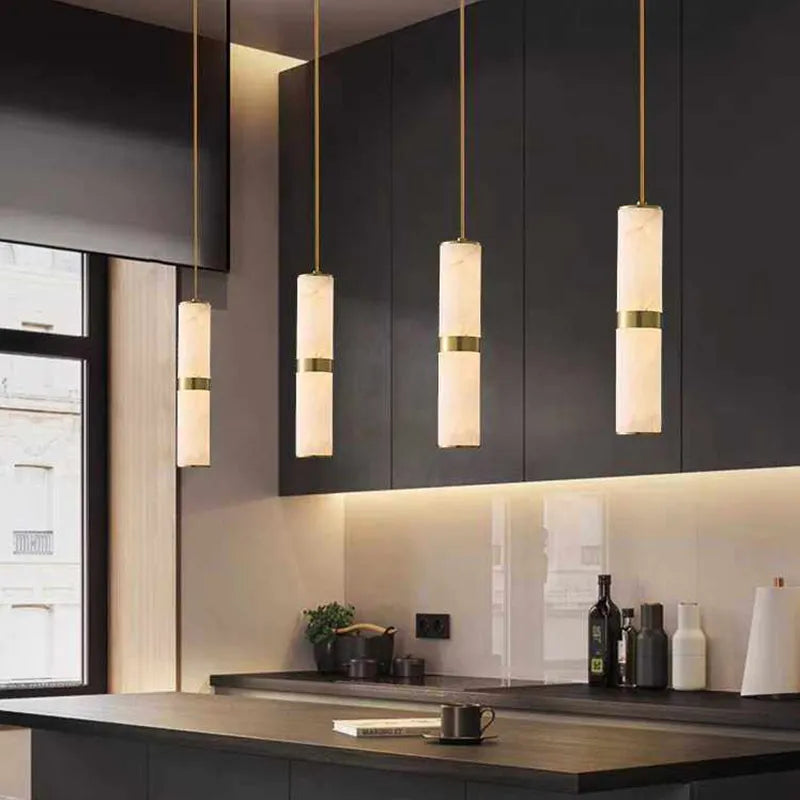 Alabaster Cylinder Pendant Light with Brass Accent – LED Mini Pendant - view 3