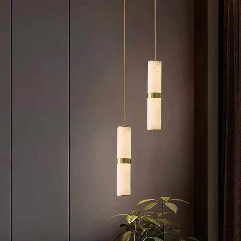 Alabaster Cylinder Pendant Light with Brass Accent – LED Mini Pendant - view 4