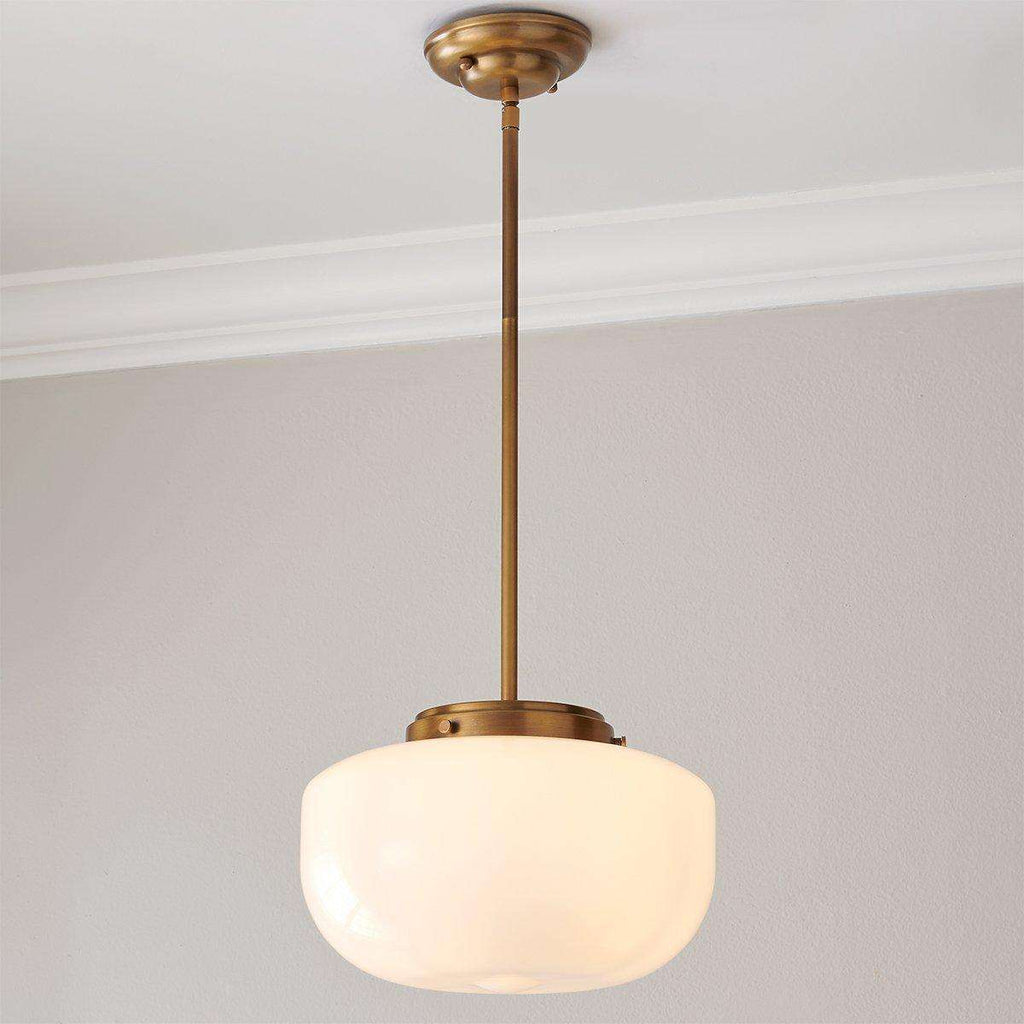 Schoolhouse Satin Brass Pendant Light with Opal Globe - view 2