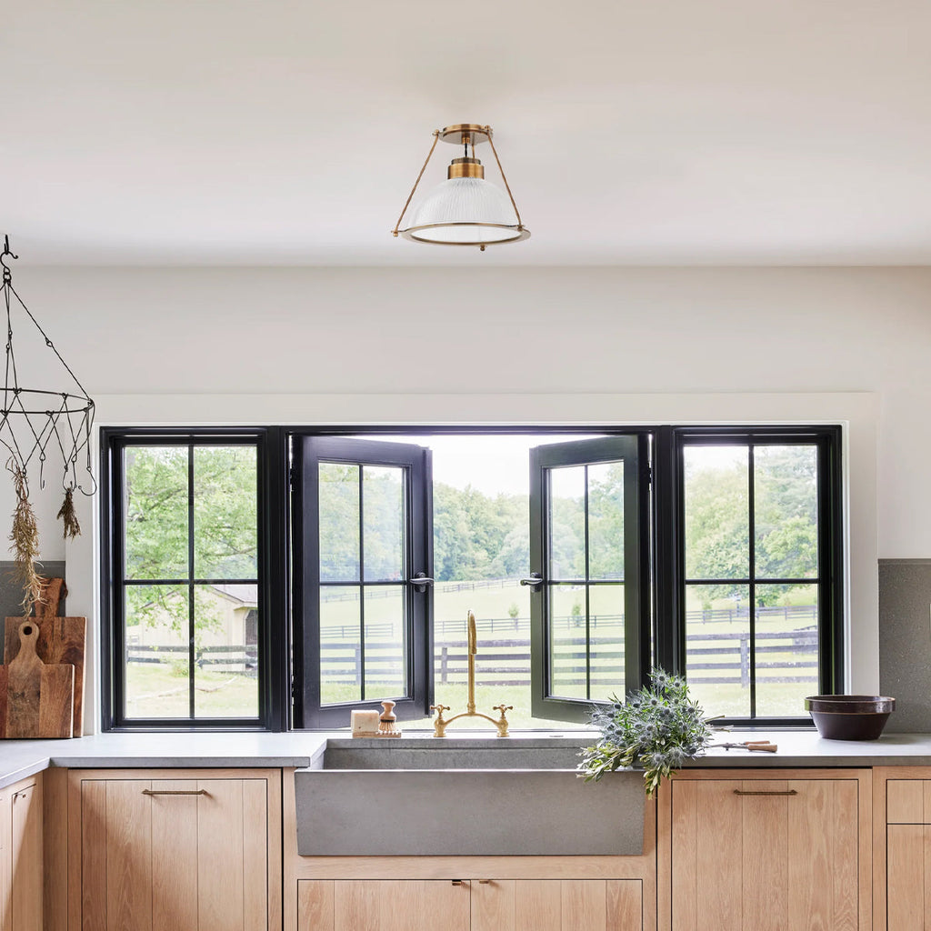One-Light Ribbed Glass Dome and Brass Semi Flush Mount Ceiling Light - view 3