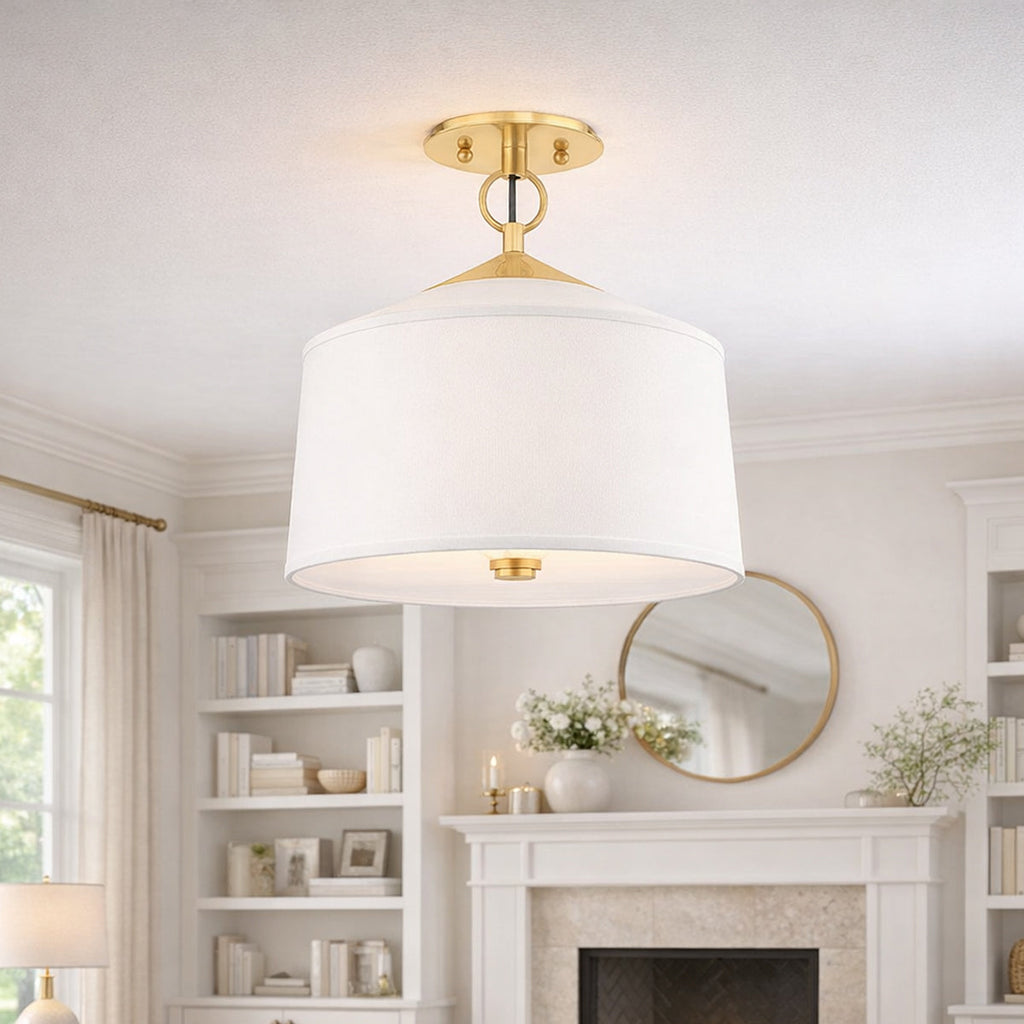 White LED Semi-Flush Mount Ceiling Light with Silk Fabric Shade - view 2