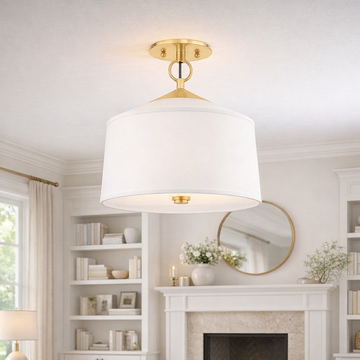 White LED Semi-Flush Mount Ceiling Light with Silk Fabric Shade - view 2