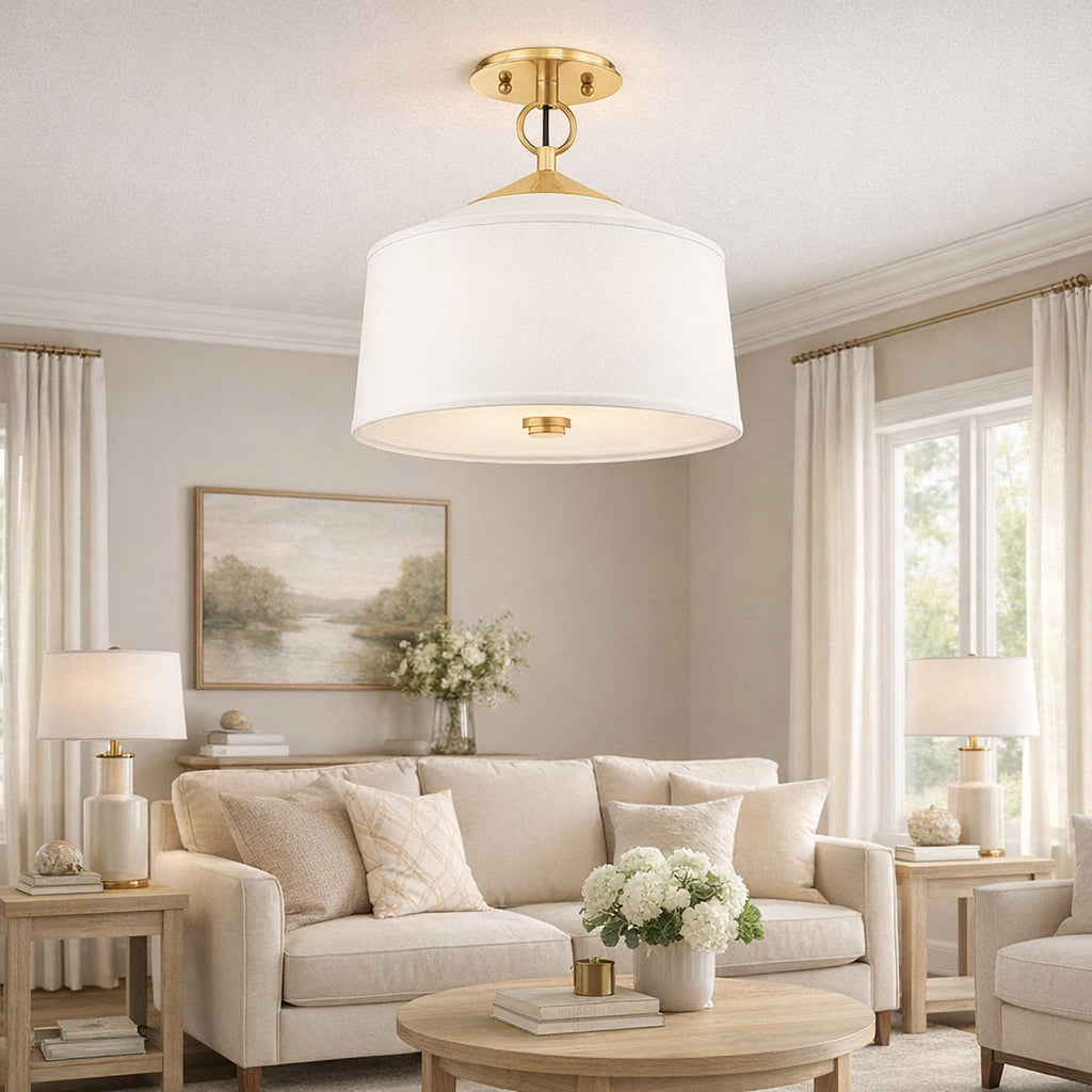 White LED Semi-Flush Mount Ceiling Light with Silk Fabric Shade - view 3