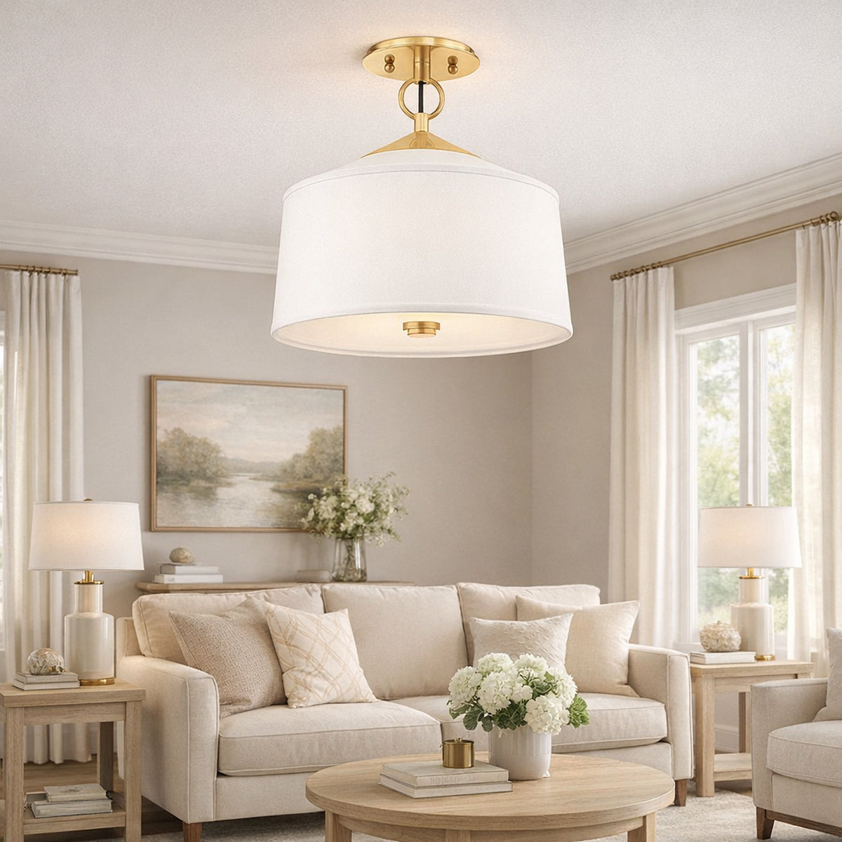White LED Semi-Flush Mount Ceiling Light with Silk Fabric Shade - view 3