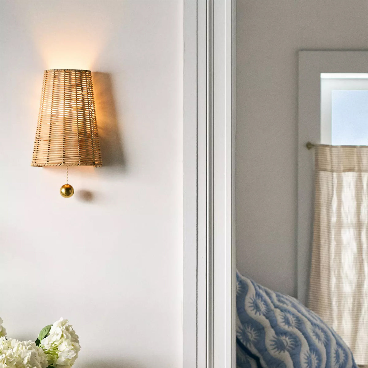 Naida Hand-Woven Rattan Wall Sconce with Aged Brass Pull - view 2