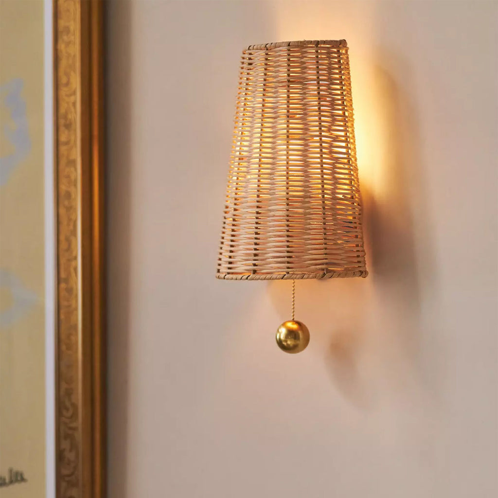 Naida Hand-Woven Rattan Wall Sconce with Aged Brass Pull - view 3
