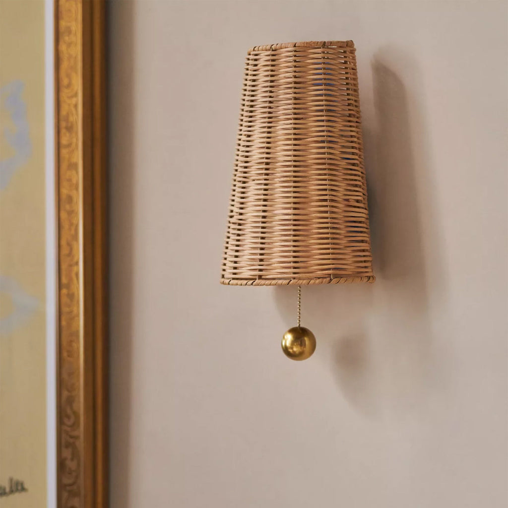 Naida Hand-Woven Rattan Wall Sconce with Aged Brass Pull - view 4