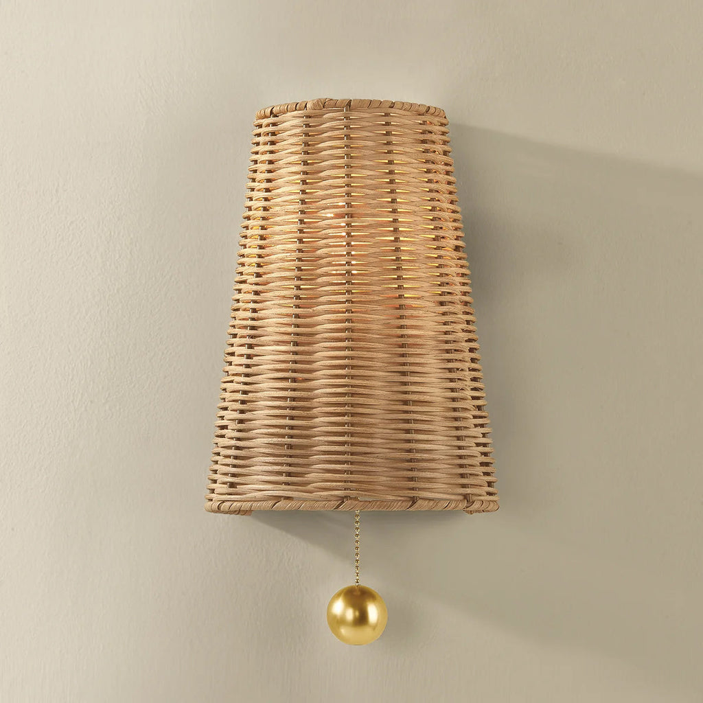 Naida Hand-Woven Rattan Wall Sconce with Aged Brass Pull - view 7