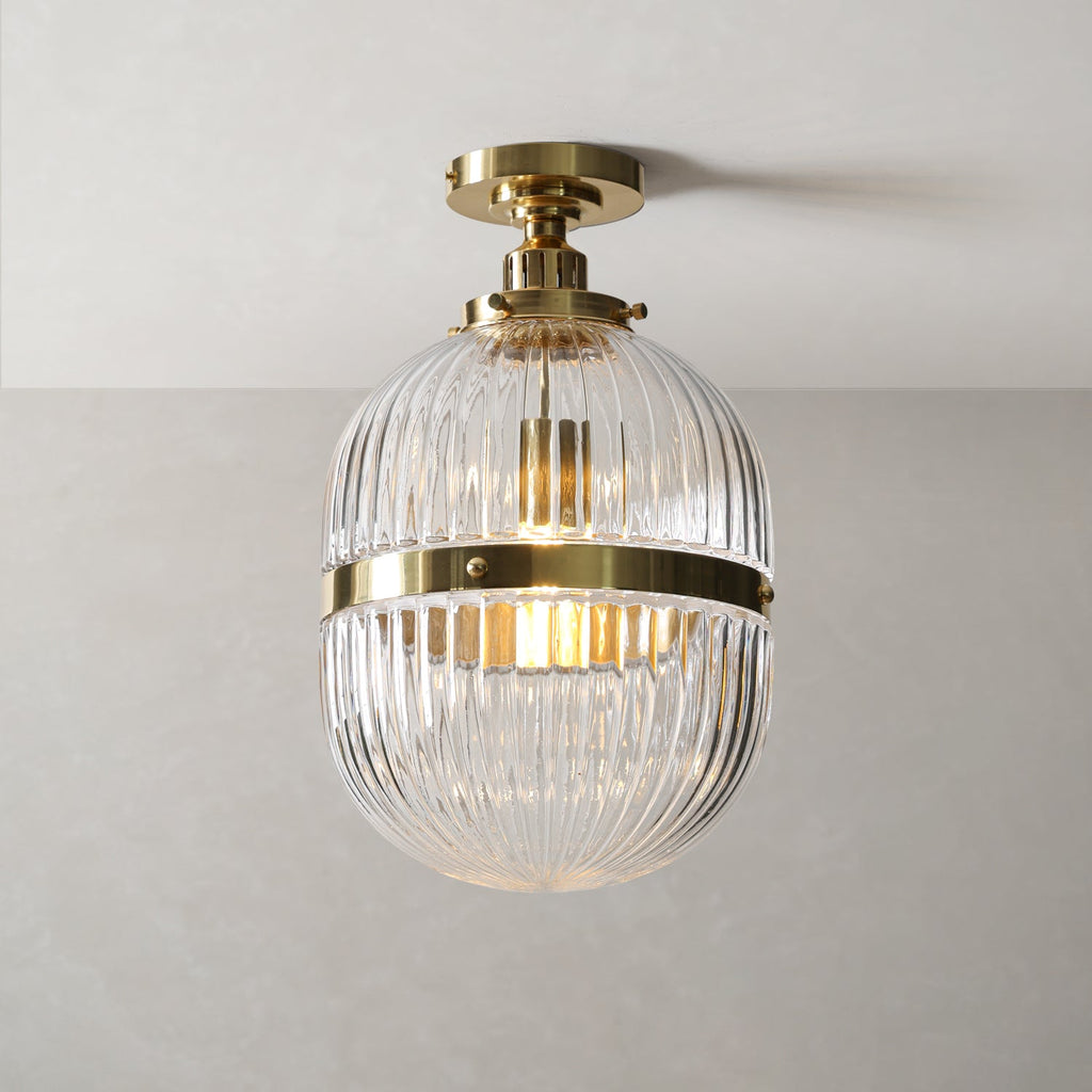 Hastings Hand-Blown Ribbed Glass Antique Brass Semi-Flush Mount - view 1