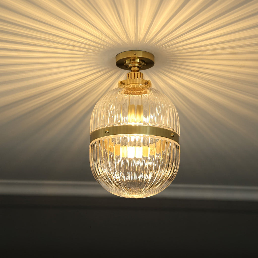Hastings Hand-Blown Ribbed Glass Antique Brass Semi-Flush Mount - view 2