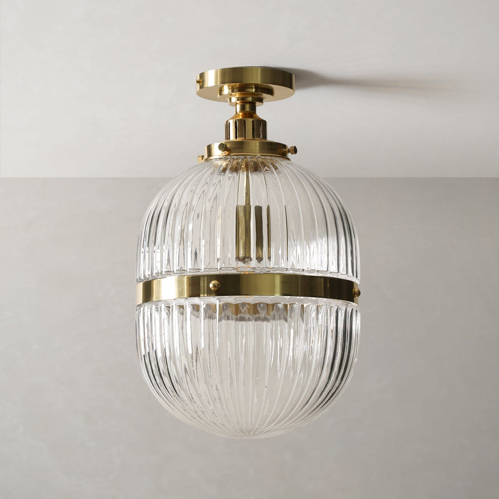 Hastings Hand-Blown Ribbed Glass Antique Brass Semi-Flush Mount - view 3