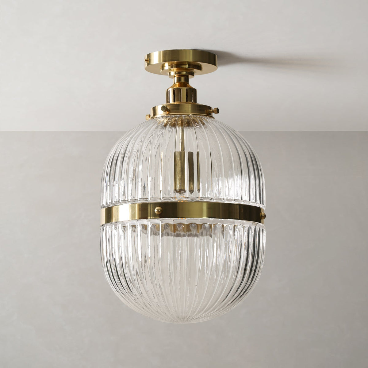 Hastings Hand-Blown Ribbed Glass Antique Brass Semi-Flush Mount - view 3