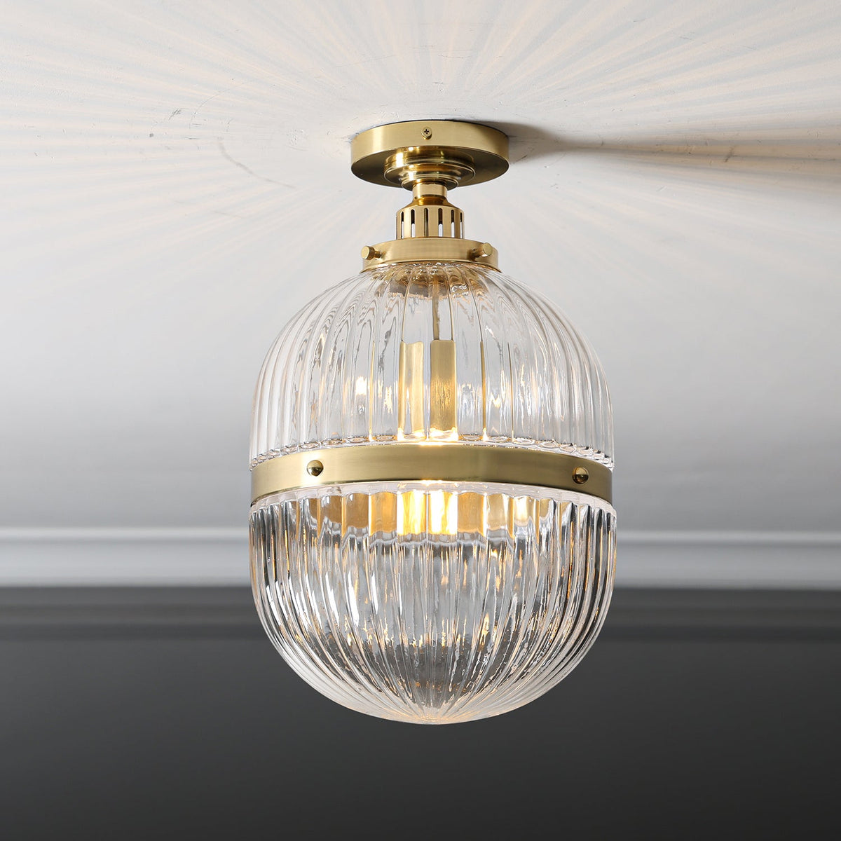 Hastings Hand-Blown Ribbed Glass Antique Brass Semi-Flush Mount - view 4