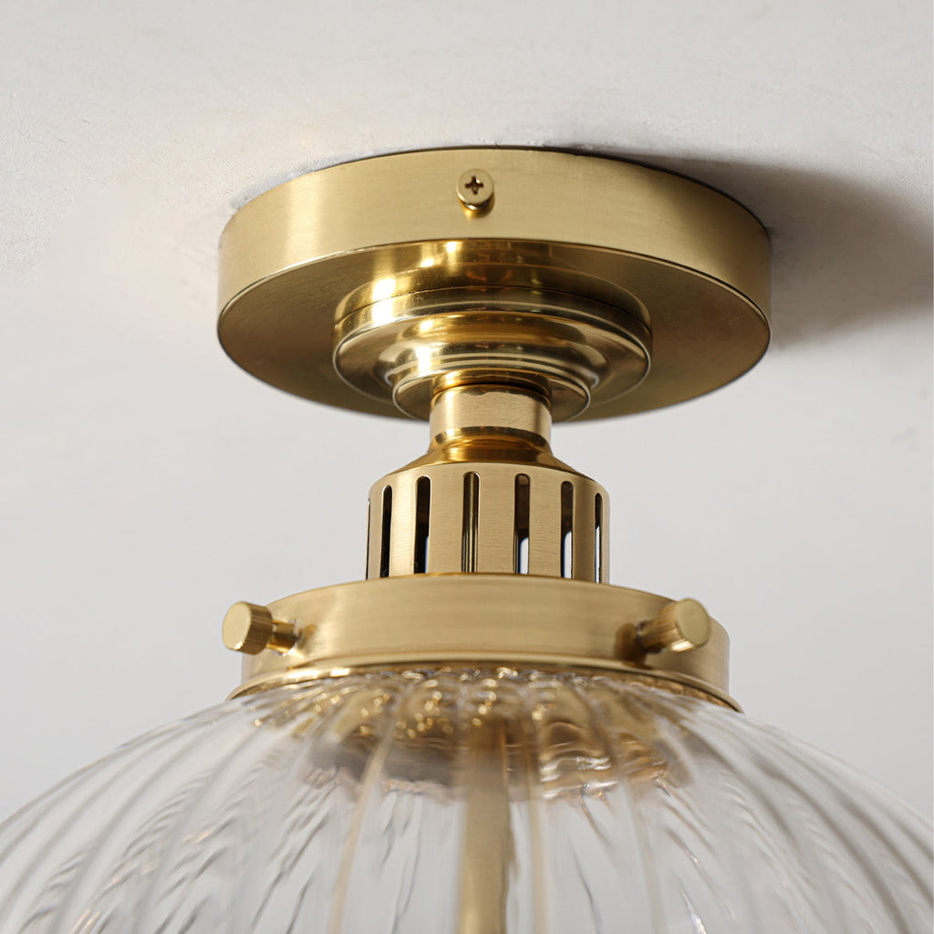 Hastings Hand-Blown Ribbed Glass Antique Brass Semi-Flush Mount - view 6